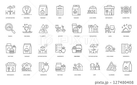 food cafe restaurant delivery essential elements basic icon, farms local seating takeaway outdoor 127480408