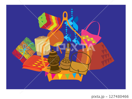 Traditional North Eastern Thai Handicrafts Illustration on Blue Background Traditional North Eastern Thai Handicrafts Illustration on Blue Background 127480466