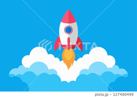 rocket ship launching blue sky filled clouds, aspiration dream science future 127480499
