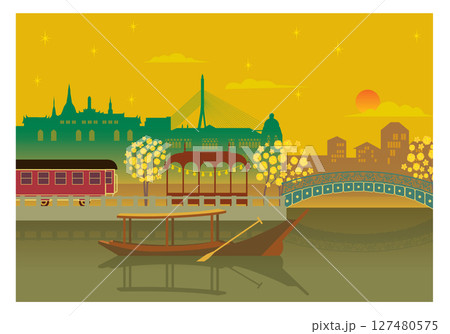 Cityscape Illustration at Sunset with Bridge and Boat in Old Town of Bangkok, Thailand 127480575
