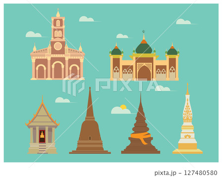 Colorful Architectural Illustration of Religious Landmarks in Thailand 127480580