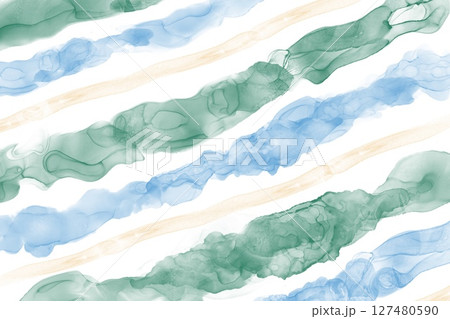 アルコールインクアートの抽象バナー。白背景に水色・緑のラフな斜めストライプ柄 アルコールインクアートの抽象バナー。白背景に水色・緑のラフな斜めストライプ柄 127480590