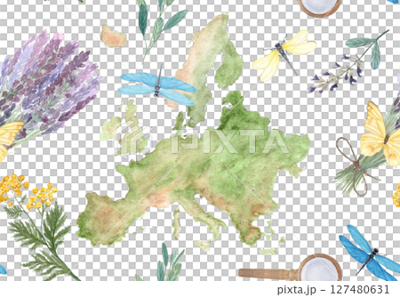 Map of Europe surrounded by lavender, herbs, insects, and leaves. Hand-painted in watercolor. Perfect for eco-friendly branding, travel blogs, botanical packaging, and educational or tourism designs Map of Europe surrounded by lavender, herbs, insects, and leaves. Hand-painted in watercolor. Perfect for eco-friendly branding, travel blogs, botanical packaging, and educational or tourism designs 127480631