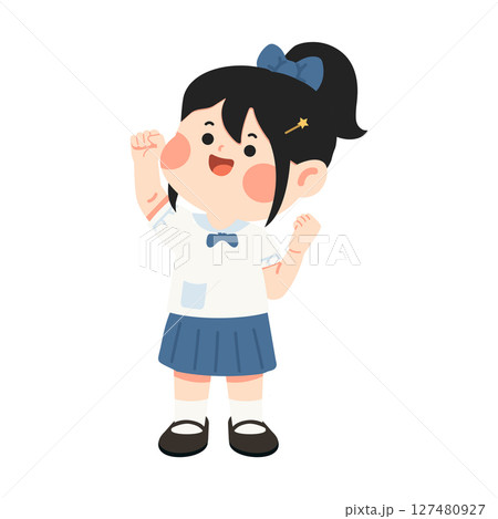 Cartoon Illustration of Cheering Schoolgirl in Uniform 127480927