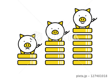 増えるお金と様々な表情をした豚の貯金箱のイラスト 増えるお金と様々な表情をした豚の貯金箱のイラスト 127481018
