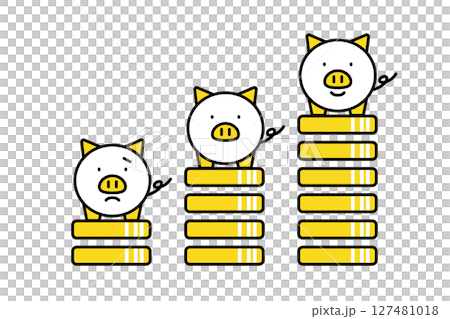 増えるお金と様々な表情をした豚の貯金箱のイラスト 増えるお金と様々な表情をした豚の貯金箱のイラスト 127481018