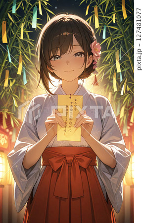 七夕の短冊を手にして微笑む美しい着物姿の女性 127481077