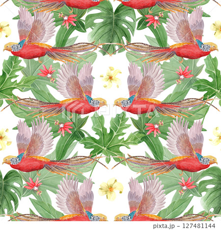 Golden pheasant red birds, yellow flowers, and lush green leaves seamless pattern on white. Hand-painted watercolor. Ideal for fashion, home decor, branding, packaging, book design and summer projects Golden pheasant red birds, yellow flowers, and lush green leaves seamless pattern on white. Hand-painted watercolor. Ideal for fashion, home decor, branding, packaging, book design and summer projects 127481144