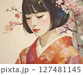 春に桜の中で微笑む和装女性の情景 127481145
