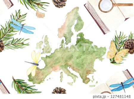 Map of Europe fir branches, butterfly, dragonflies. Hand-painted in watercolor isolated on white. Perfect for eco-friendly branding, travel blogs, botanical packaging, educational or tourism designs Map of Europe fir branches, butterfly, dragonflies. Hand-painted in watercolor isolated on white. Perfect for eco-friendly branding, travel blogs, botanical packaging, educational or tourism designs 127481148