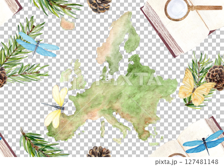 Map of Europe fir branches, butterfly, dragonflies. Hand-painted in watercolor isolated on white. Perfect for eco-friendly branding, travel blogs, botanical packaging, educational or tourism designs Map of Europe fir branches, butterfly, dragonflies. Hand-painted in watercolor isolated on white. Perfect for eco-friendly branding, travel blogs, botanical packaging, educational or tourism designs 127481148