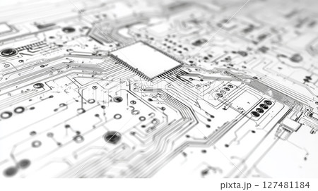 An ultra-realistic 4K technical sketch of a circuit board viewed from above, drawn with drafting pencil precision. Generative AI 127481184