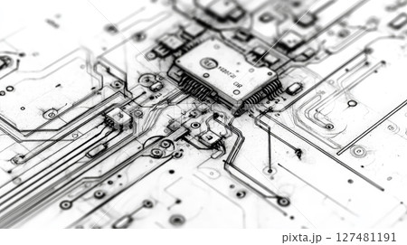 An ultra-realistic 4K technical sketch of a circuit board viewed from above, drawn with drafting pencil precision. Generative AI 127481191