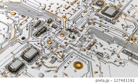 An ultra-realistic 4K technical sketch of a circuit board viewed from above, drawn with drafting pencil precision. Generative AI 127481192