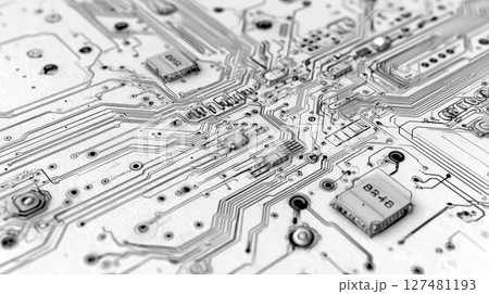 An ultra-realistic 4K technical sketch of a circuit board viewed from above, drawn with drafting pencil precision. Generative AI 127481193