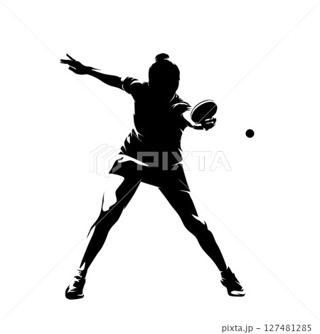 Table tennis player, woman playing ping pong, front view, isolated vector silhouette. Sports 127481285