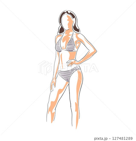 Woman in swimsuit, adult young lady wearing bikini. Isolated vector illustration, flat design sketch. Summer fashion 127481289