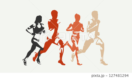 Athletics, track and field runners, group of running men and women. Set of abstract isolated vector silhouettes. Ink drawing Athletics, track and field runners, group of running men and women. Set of abstract isolated vector silhouettes. Ink drawing 127481294