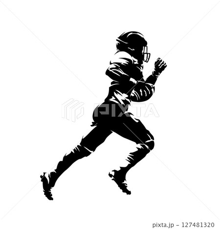American football player, isolated vector silhouette. Quarterback running with ball, football logo, high contrast sports illustration 127481320