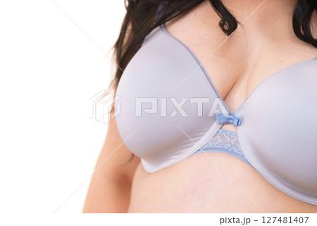 Plus size woman big breast wearing bra 127481407