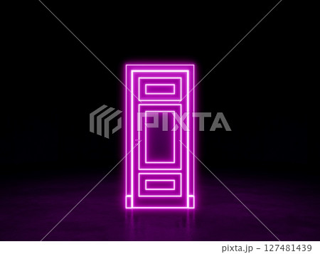 The door in the dark space. Pink violet neon door. 3D rendering The door in the dark space. Pink violet neon door. 3D rendering 127481439