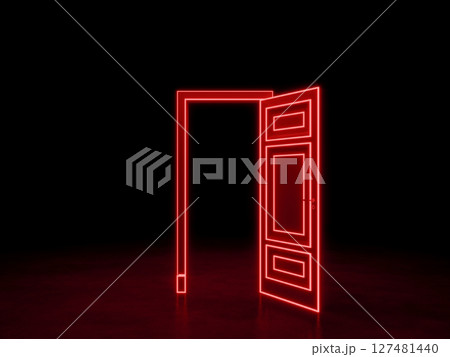 Open door in the dark space. Red neon door. 3D rendering 127481440