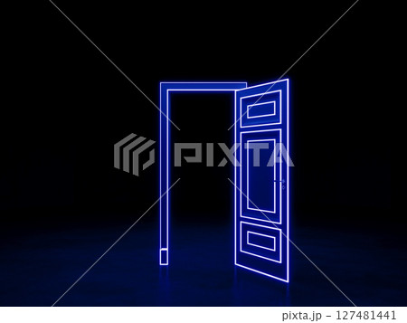Open door in the dark space. Blue neon door. 3D rendering Open door in the dark space. Blue neon door. 3D rendering 127481441