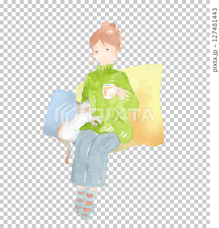猫と一緒にリラックスしてコーヒーを飲む女性の水彩画 127481443