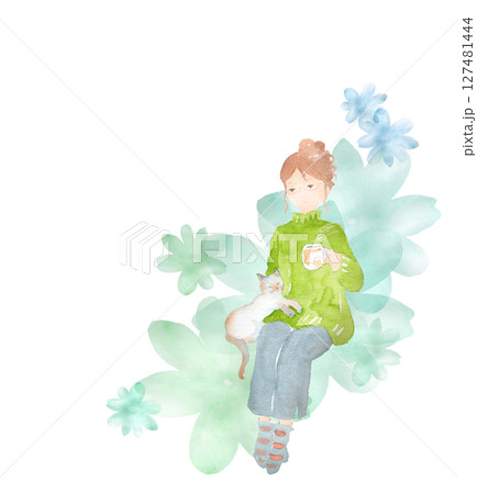 猫と一緒にリラックスしてコーヒーを飲む女性の水彩画　お花の背景 127481444