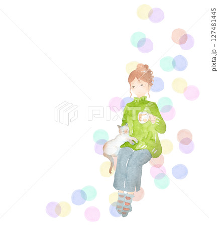 猫と一緒にリラックスしてコーヒーを飲む女性の水彩画　水玉背景 127481445