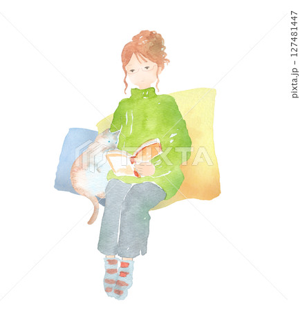 猫と一緒にリラックスして本を読む女性の水彩画 猫と一緒にリラックスして本を読む女性の水彩画 127481447
