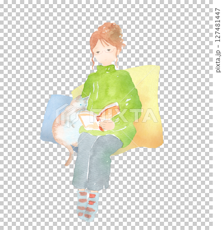 猫と一緒にリラックスして本を読む女性の水彩画 猫と一緒にリラックスして本を読む女性の水彩画 127481447