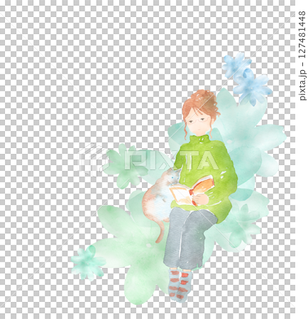 水彩畫，描繪了一位婦女在放鬆和讀書，與一隻貓，花卉背景 127481448