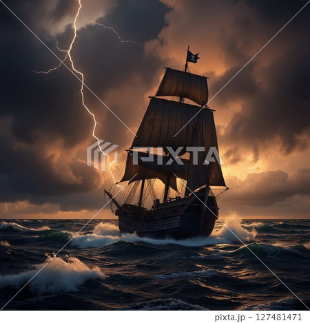 Majestic Sailing Ship Battling a Stormy Sea Under Dark Dramatic Skies 127481471