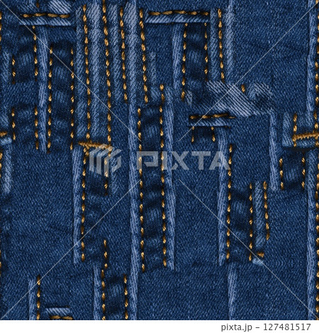 Seamless Denim fabric with yellow thread seams, denim jacket, denim pants, for background or fabric sample sale. Seamless Denim fabric with yellow thread seams, denim jacket, denim pants, for background or fabric sample sale. 127481517