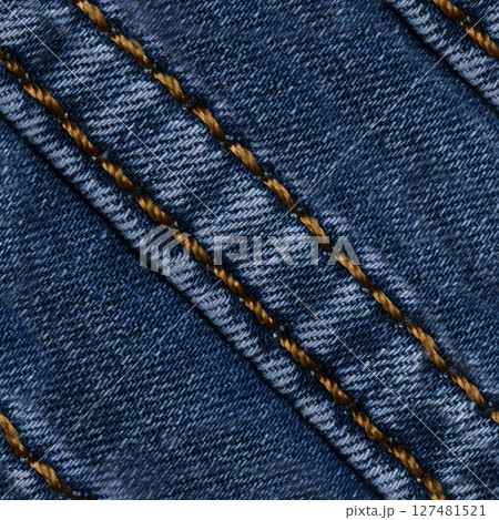 Seamless Denim fabric with yellow thread seams, denim jacket, denim pants, for background or fabric sample sale. Seamless Denim fabric with yellow thread seams, denim jacket, denim pants, for background or fabric sample sale. 127481521