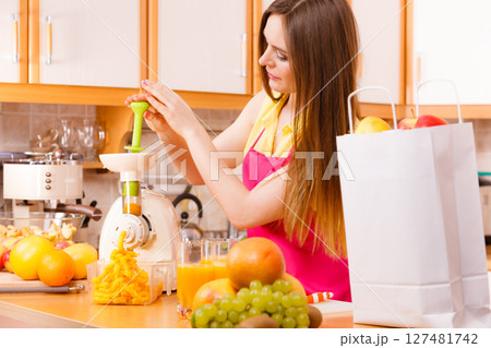 Woman making orange juice in juicer machine 127481742