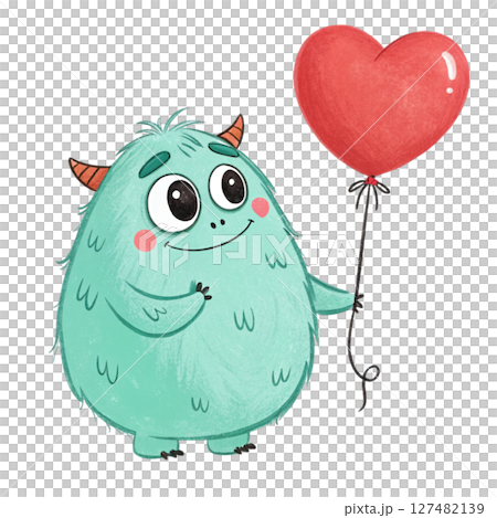 Monster Kawaii Cute Holding a Heart Balloon Monster Kawaii Cute Holding a Heart Balloon 127482139