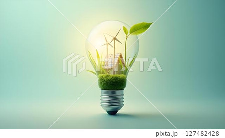 Glass light bulb with wind turbine plant and moss symbolizing renewable energy and sustainability 127482428