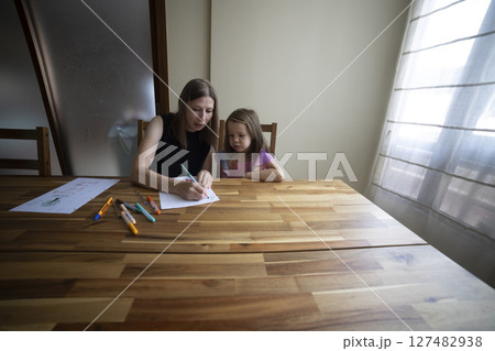 Mother helping daughter with homework, homeschooling during quarantine Mother helping daughter with homework, homeschooling during quarantine 127482938