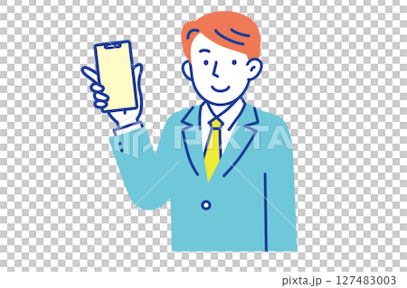 A young man in a suit holding a smartphone and looking at the camera A young man in a suit holding a smartphone and looking at the camera 127483003