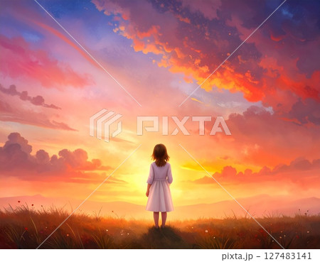 夕焼けの中で寛ぐ女性 127483141
