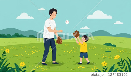 青空の下、親子でキャッチボールを楽しむ休日の午後 127483192