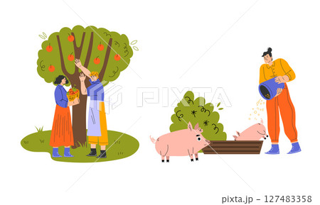 Children joyfully harvesting apples and feeding pigs on a lovely day at a vibrant farm Children joyfully harvesting apples and feeding pigs on a lovely day at a vibrant farm 127483358