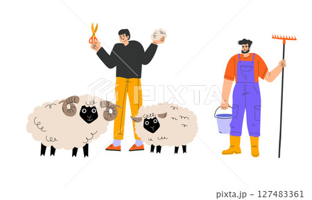 Sheep Farming Experts Dedicatedly Working with Their Herd, Tools, and Techniques 127483361