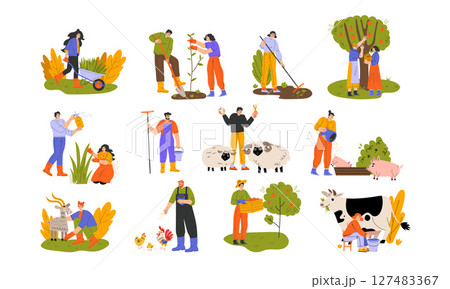 Colorful and Lively Illustrations Depicting Farm Life with Gardening and Various Animals 127483367