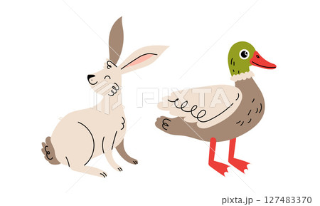 Charming and Cute Illustration Featuring a Rabbit and Duck in a Playful and Colorful Style 127483370