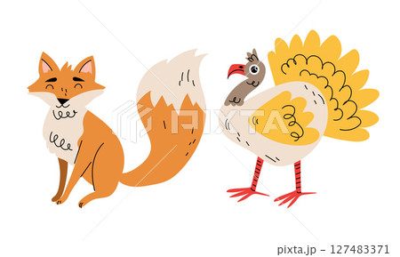 An engaging and playful illustration featuring a charming fox and a colorful turkey 127483371