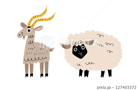 Charming and Playful Goat and Sheep Illustration Perfectly Designed for Farm Themes and More 127483372
