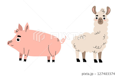 Adorable and Cute Cartoon Pig along with Cheerful Llama Characters for Fun and Creative Designs 127483374